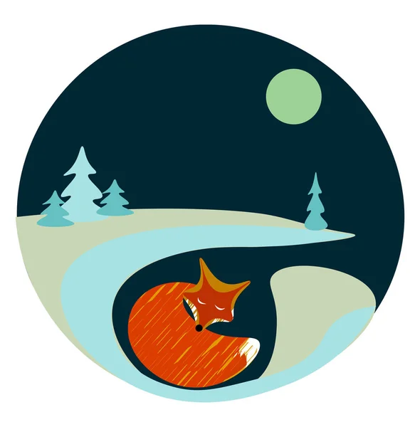 Sleeping Fox Dark Night Big Moon Vector Color Drawing Illustration — Stock Vector