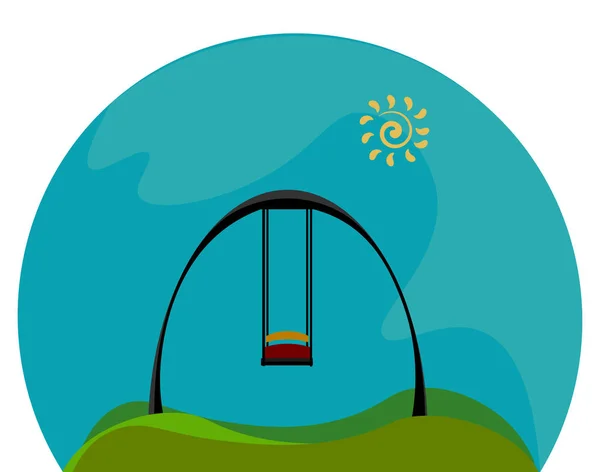 Ένα Χαρούμενο Χαριτωμένο Swing Ένα Πράσινο Γκαζόν Έναν Ήλιο Λάμπει — Διανυσματικό Αρχείο