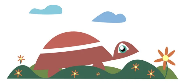 一只小海龟在绿色的草坪上 身上有很多花 矢量彩色画图或插图 — 图库矢量图片