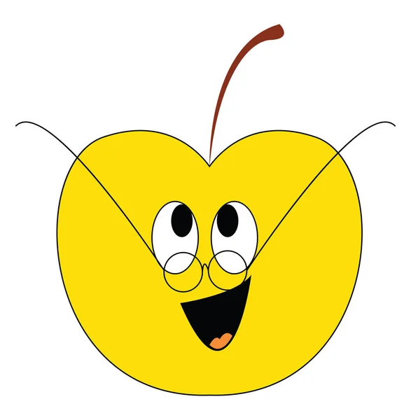 Una Manzana Amarilla Sonriente Feliz Con Gafas Vector Dibujo Color — Vector de stock