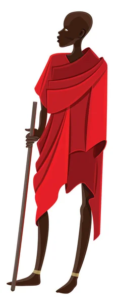 Onun Geleneksel Kırmızı Renkli Kostüm Bir Afrikalı Clipart Hevesle Elinde — Stok Vektör