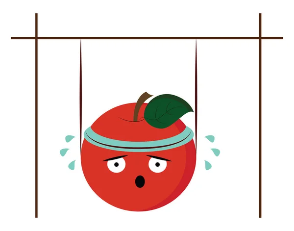 一个可爱的红苹果穿着蓝色头巾流泪 而挂在酒吧在健身房矢量彩色绘图或插图 — 图库矢量图片