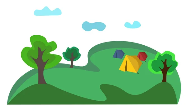 3つのテントベクトルまたはカラーイルスを持つキャンプ場の風景 — ストックベクタ