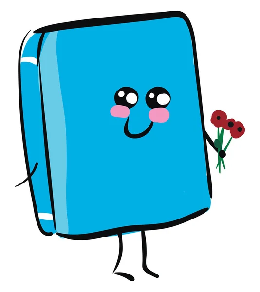 Emoji mutlu bir mavi kitap kırmızı çiçekler vektör veya renk i tutan — Stok Vektör