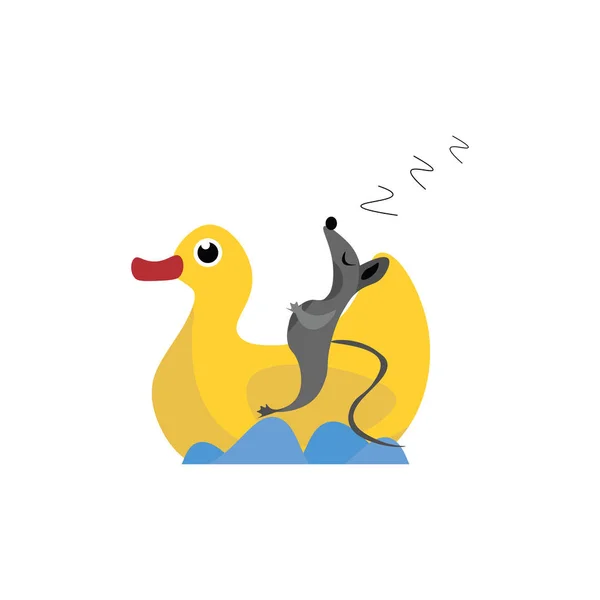 Dibujo de un lindo ratoncito durmiendo sobre la espalda de un pato amarillo — Vector de stock