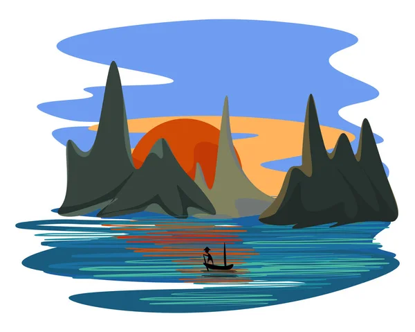 Hermoso paisaje de un pescador navegando a través del mar durante — Vector de stock