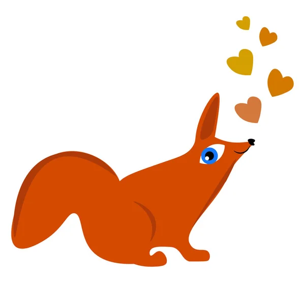 Karikatür turuncu tilki üzerinde sürüklenen renkli kalpler hayran — Stok Vektör