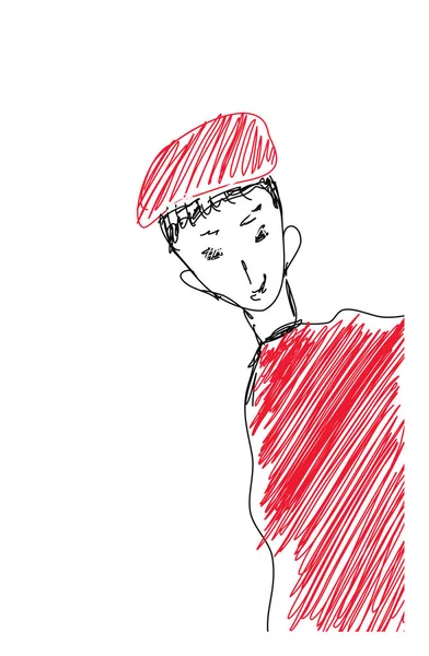 Desenho de esboço de um cara em um vetor chapéu vermelho ou ilustratio cor —  Vetores de Stock