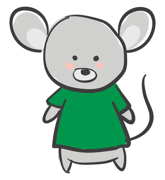 Ritning av en grå mus i en grön t-shirt vektor eller färg illus — Stock vektor
