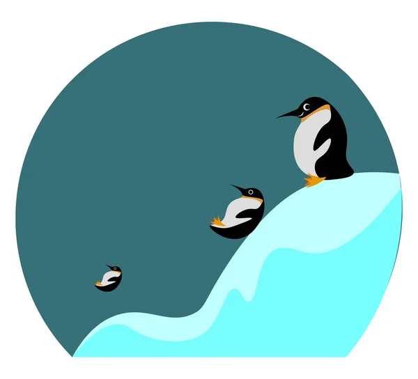 Мультяшна картина трьох пінгвінів, що ковзають і грають у льоду — стоковий вектор