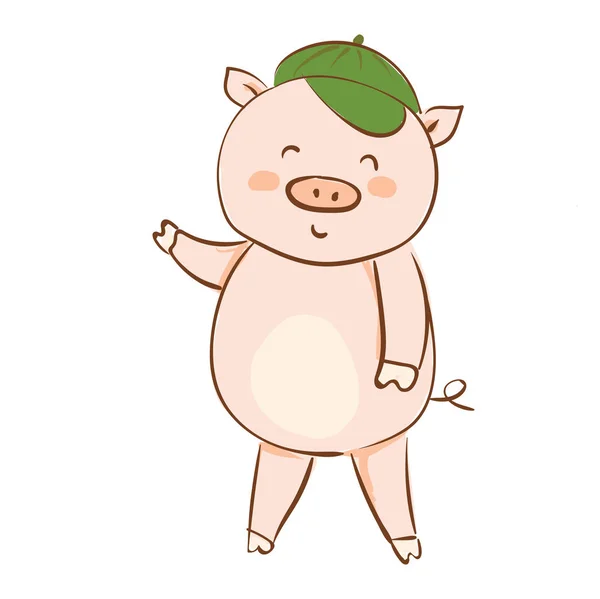 Drawing of a cartoon pig in a green summer cap waving his hand v — Stock Vector