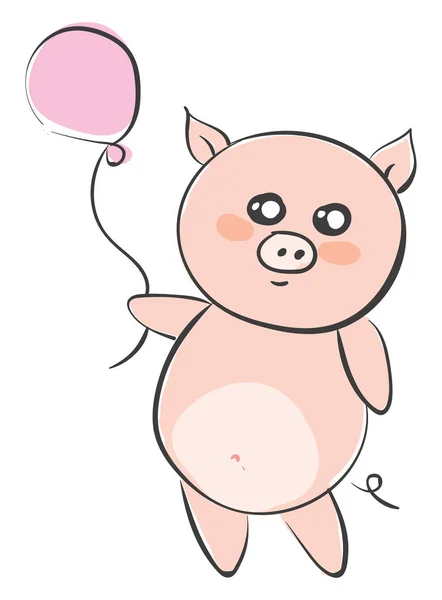 Dibujo de un cerdo de dibujos animados sosteniendo un vector o color de globo rosa — Vector de stock