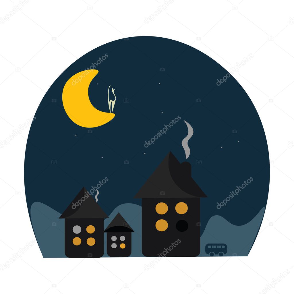 Shadow of 3 beautiful houses with burning chimney and a cat on the moon vector color drawing or illustration