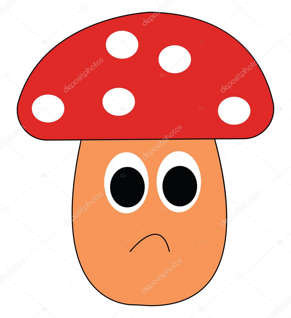 A small red mushroom with white spots on it with a sad smiley vector color drawing or illustration