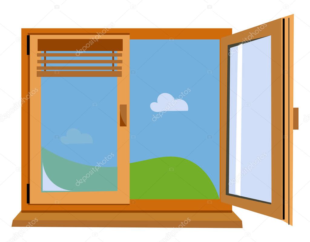 An airy open wooden window with shiny glasses fitted to it giving out beautiful natural scene vector color drawing or illustration