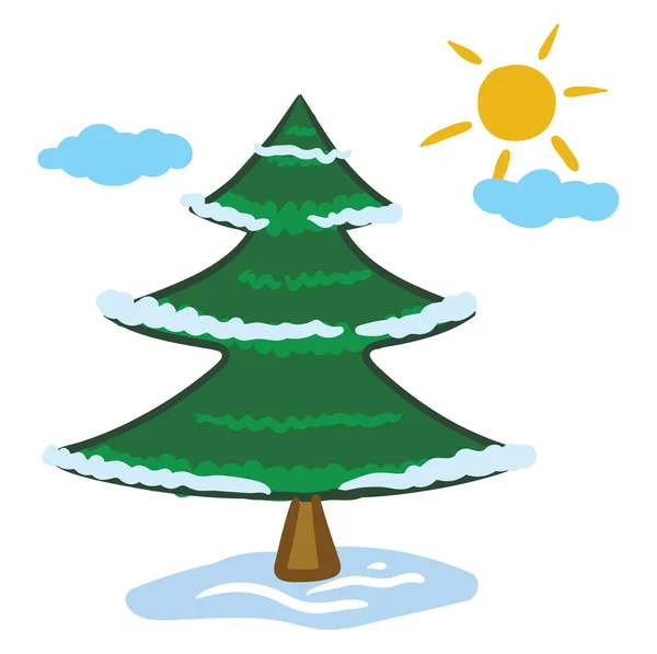 Clipart of a spruce tree and a rising sun on the winter season/ — 图库矢量图片