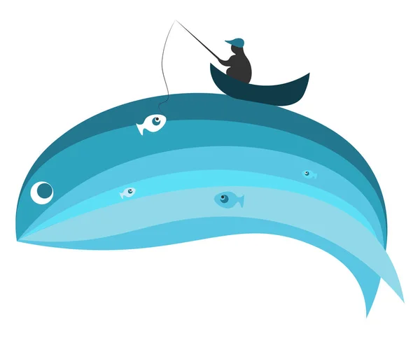 Синій кит і рибалка Векторні ілюстрації — стоковий вектор