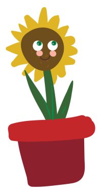 Kırmızı saksı vektör veya renk illus Karikatür komik mutlu ayçiçeği
