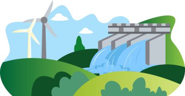 Bir eko kaynak olarak yel değirmeni ve hidroelektrik enerji illutration
