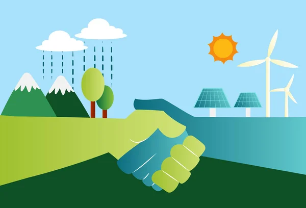 Apertando as mãos para eco friendly recursos energéticos ilustração vec —  Vetores de Stock