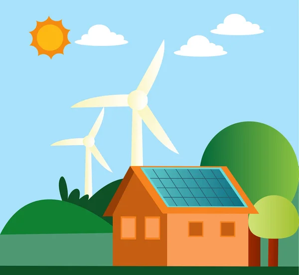 Bir ev illustratio üzerinde yel değirmeni ve güneş panelleri İllüstrasyon — Stok Vektör