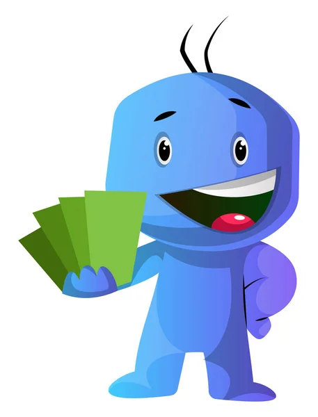 Caráter de desenho animado azul mostrando cartões verdes vetor de ilustração em — Vetor de Stock