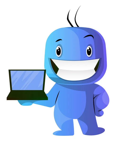 蓝色卡通caracter与笔记本电脑插图载体在白色b — 图库矢量图片