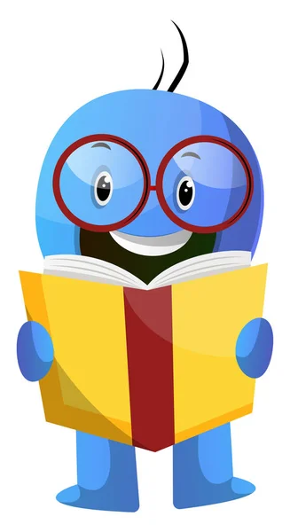 蓝色卡通caracter与书籍和眼镜插图矢量 — 图库矢量图片