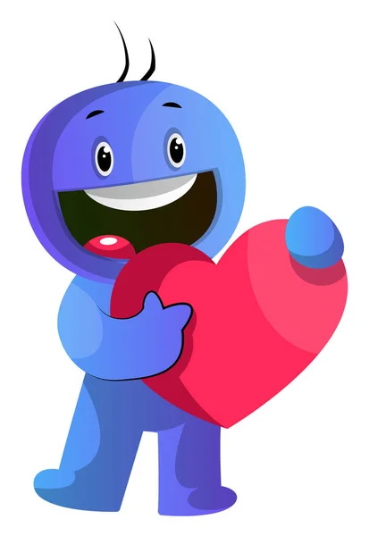 Caracter cartone animato blu in possesso di un grande cuore rosso illustrazione vettoriale — Vettoriale Stock