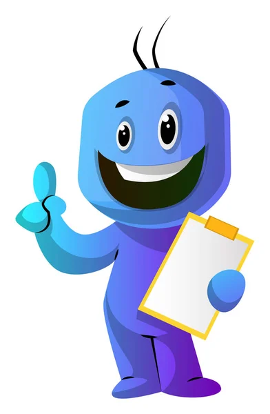Personnage de bande dessinée bleu avec un pouce vers le haut et une illustration de bloc-notes — Image vectorielle