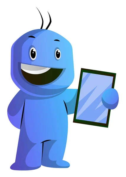 Caráter de desenhos animados azul feliz com um vetor de ilustração tablet em — Vetor de Stock