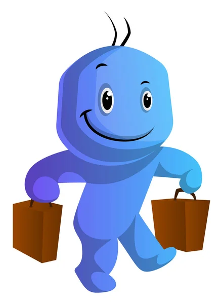 Caráter de desenhos animados azul feliz com sacos vetor de ilustração no whi — Vetor de Stock