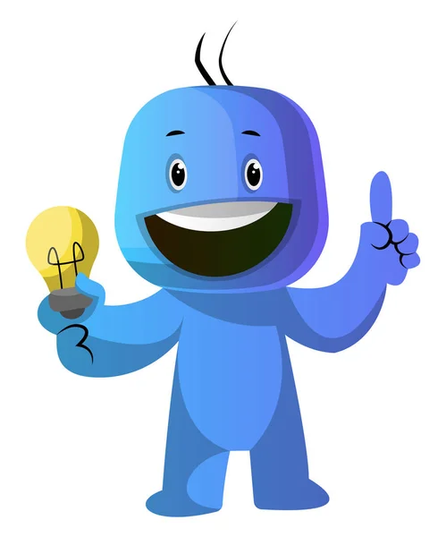 Caráter de desenho animado azul com vetor de ilustração de lâmpada no whit — Vetor de Stock
