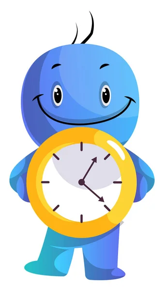 Caráter de desenho animado azul segurando relógio amarelo ilustração vetor o —  Vetores de Stock