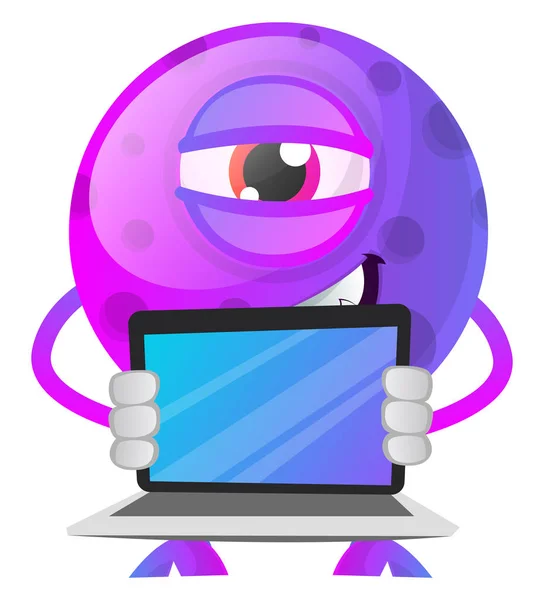 紫色怪物与笔记本电脑插图矢量在白色背面 — 图库矢量图片