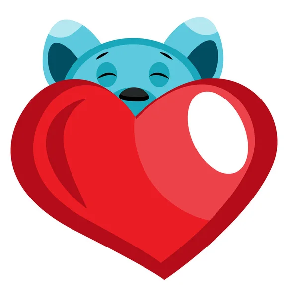 Blue bear peeking behind red heart illustration vector on white — Stock Vector