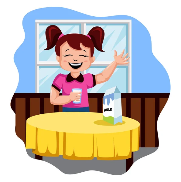 快乐女孩喝牛奶插图载体在白色背景 — 图库矢量图片