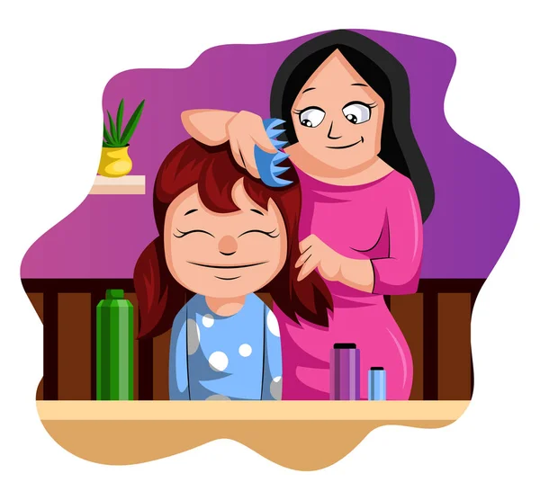 Mãe escovando vetor de ilustração do cabelo de sua filha no branco — Vetor de Stock