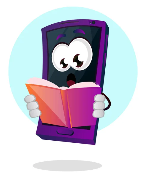 Emoji móvil leyendo un libro ilustración vector en blanco backgro — Vector de stock