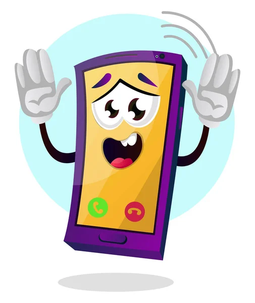 Emoji móvil amarillo con las manos arriba vector ilustración en blanco b — Vector de stock