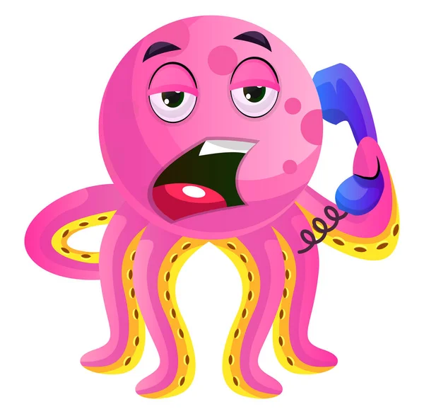 Pulpo rosa hablando en el vector de ilustración de teléfono en blanco — Archivo Imágenes Vectoriales