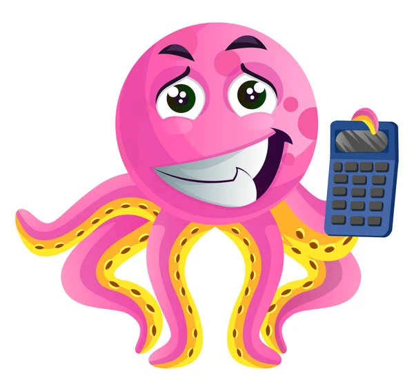 Pulpo rosa con un vector de ilustración calculadora en la espalda blanca — Archivo Imágenes Vectoriales