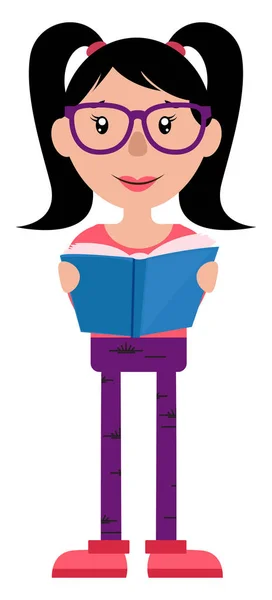 Teen ragazza con gli occhiali leggere un libro illustrazione vettore su whi — Vettoriale Stock
