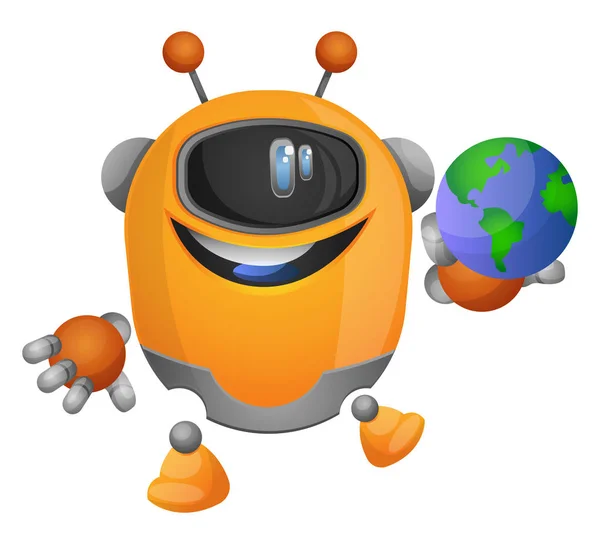 Cartoon robot holding a globe illustration vector on white backg — Stock Vector