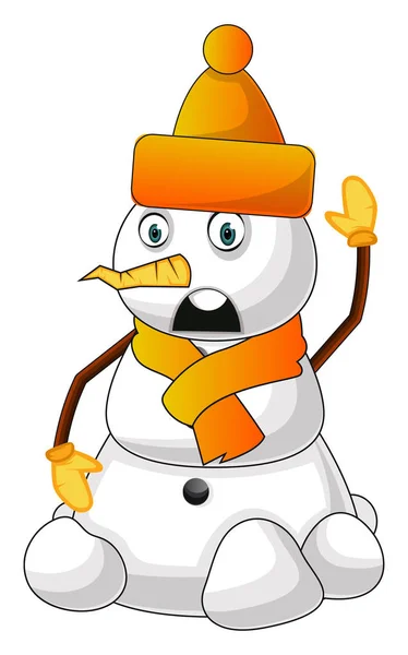 白い背景にオレンジ色の帽子イラストベクトルを持つ雪だるま — ストックベクタ