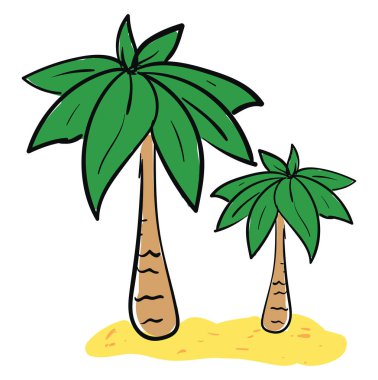 Kum üzerinde büyük ve küçük palmiye ağaçları, illüstrasyon, beyaz vektör 