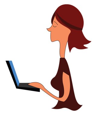 Woman is looking at laptop hand drawn design, illustration, vect