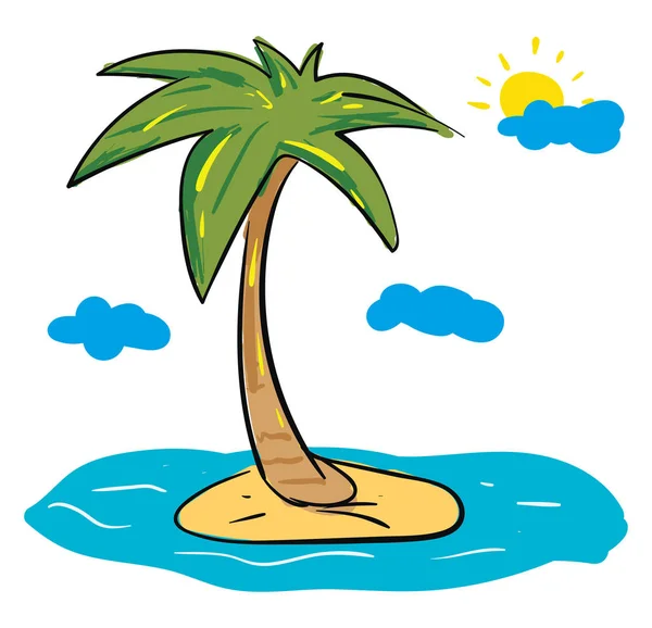 Palm tree on the island with sun and clouds, illustration, vecto — Stock Vector