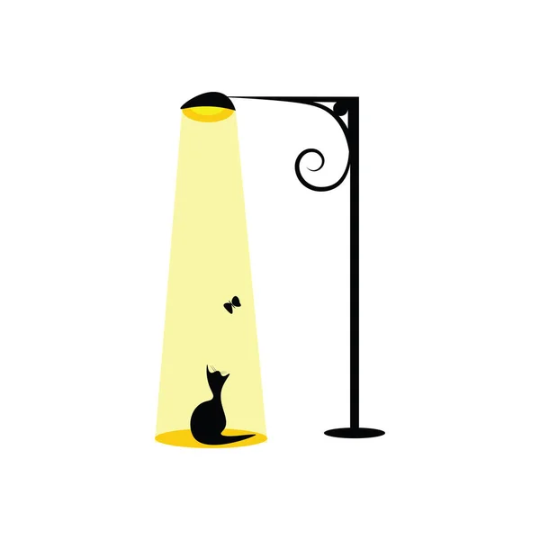 Straat lamp en kat hand getekende ontwerp, illustratie, vector op w — Stockvector