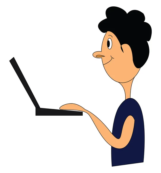 L'homme regarde ordinateur portable dessin à la main, illustration, vecteur — Image vectorielle